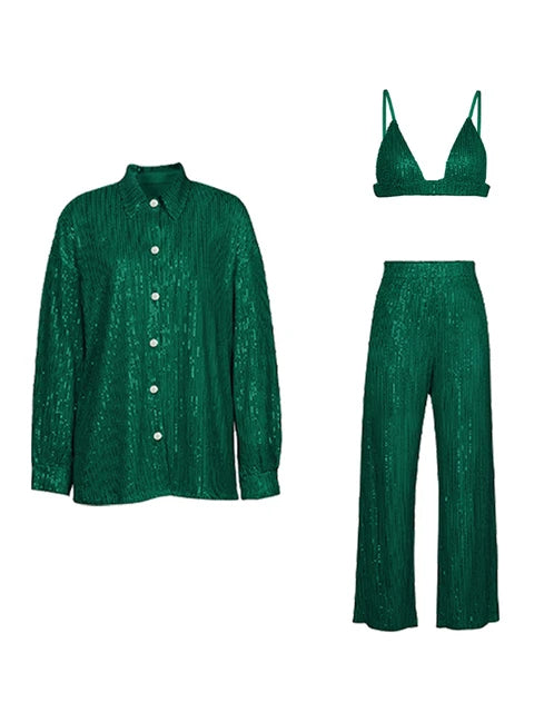Sparkly Two-piece Set Party Outfits For Womens Sequin Top Blouse Shirt And Pants Suit Female Luxury Evening Tracksuit New