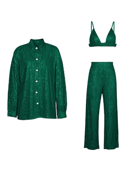 Sparkly Two-piece Set Party Outfits For Womens Sequin Top Blouse Shirt And Pants Suit Female Luxury Evening Tracksuit New