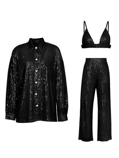 Sparkly Two-piece Set Party Outfits For Womens Sequin Top Blouse Shirt And Pants Suit Female Luxury Evening Tracksuit New