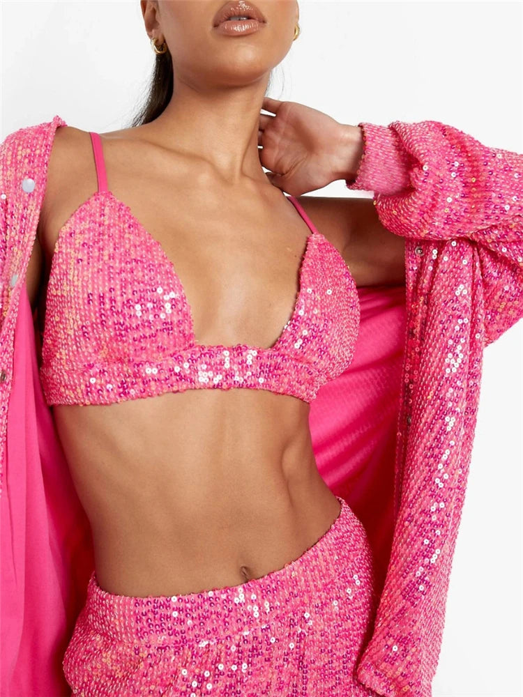 Sparkly Two-piece Set Party Outfits For Womens Sequin Top Blouse Shirt And Pants Suit Female Luxury Evening Tracksuit New