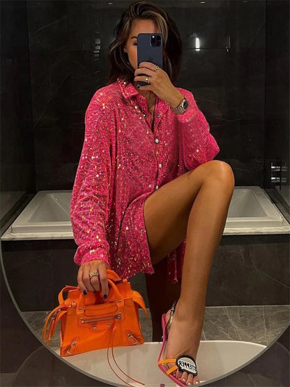 Sparkly Two-piece Set Party Outfits For Womens Sequin Top Blouse Shirt And Pants Suit Female Luxury Evening Tracksuit New