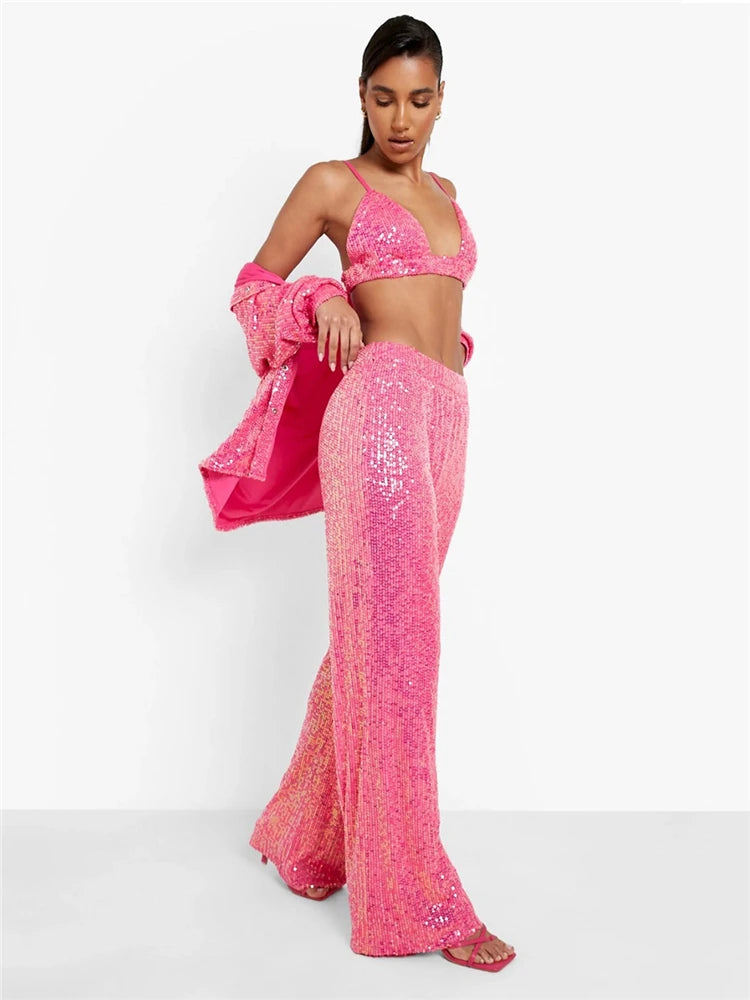 Sparkly Two-piece Set Party Outfits For Womens Sequin Top Blouse Shirt And Pants Suit Female Luxury Evening Tracksuit New