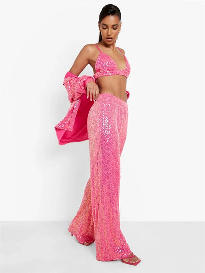 Sparkly Two-piece Set Party Outfits For Womens Sequin Top Blouse Shirt And Pants Suit Female Luxury Evening Tracksuit New