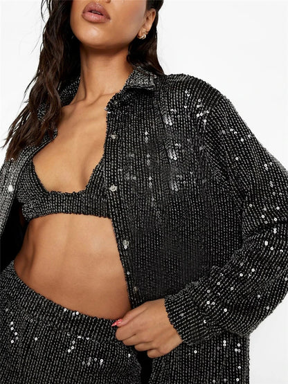 Sparkly Two-piece Set Party Outfits For Womens Sequin Top Blouse Shirt And Pants Suit Female Luxury Evening Tracksuit New