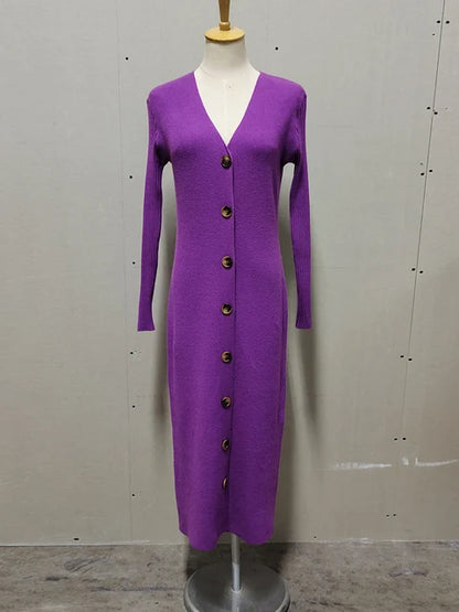 Spring New Knitted Sweater Dress V Neck Long Sleeve Bodycon Midi Dress Cardigan Knitwear Ladies Casual White Dresses 2025