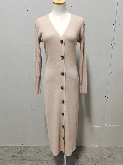 Spring New Knitted Sweater Dress V Neck Long Sleeve Bodycon Midi Dress Cardigan Knitwear Ladies Casual White Dresses 2025