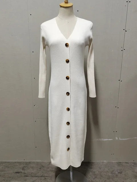 Spring New Knitted Sweater Dress V Neck Long Sleeve Bodycon Midi Dress Cardigan Knitwear Ladies Casual White Dresses 2025