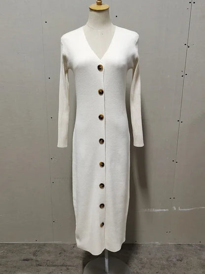 Spring New Knitted Sweater Dress V Neck Long Sleeve Bodycon Midi Dress Cardigan Knitwear Ladies Casual White Dresses 2025
