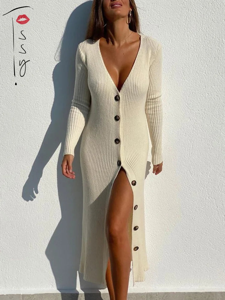 Spring New Knitted Sweater Dress V Neck Long Sleeve Bodycon Midi Dress Cardigan Knitwear Ladies Casual White Dresses 2025
