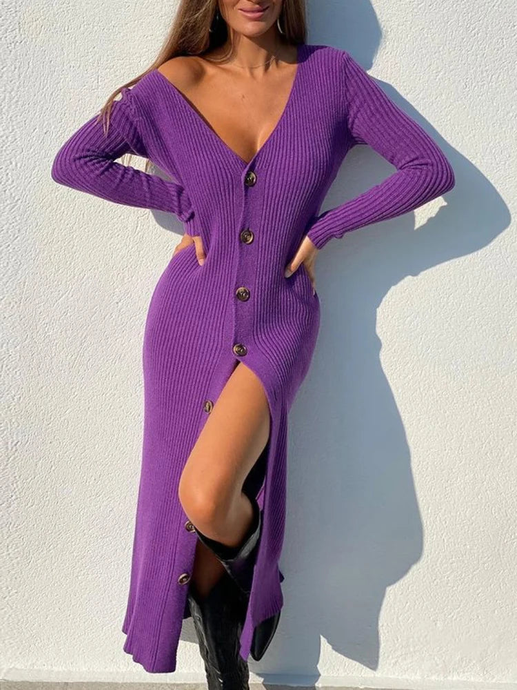 Spring New Knitted Sweater Dress V Neck Long Sleeve Bodycon Midi Dress Cardigan Knitwear Ladies Casual White Dresses 2025