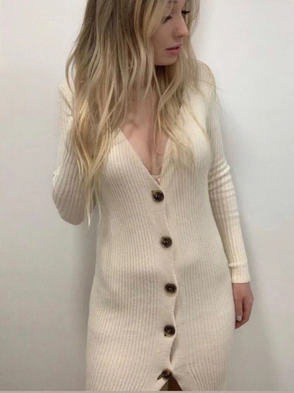 Spring New Knitted Sweater Dress V Neck Long Sleeve Bodycon Midi Dress Cardigan Knitwear Ladies Casual White Dresses 2025