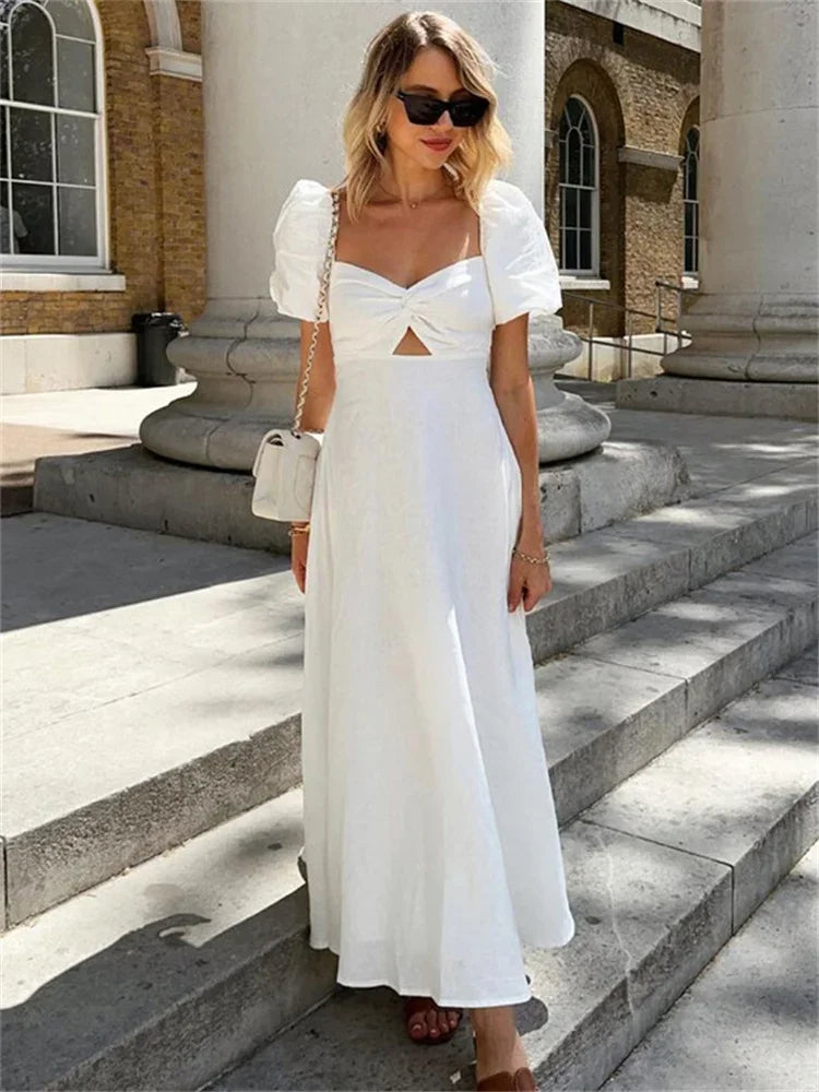 Square Neck Hollow Out White Long Dress For Women Twist Fashion Short Sleeve High Waist Autumn Party Dress Women’s Clothes