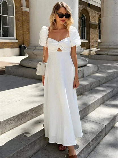 Square Neck Hollow Out White Long Dress For Women Twist Fashion Short Sleeve High Waist Autumn Party Dress Women’s Clothes
