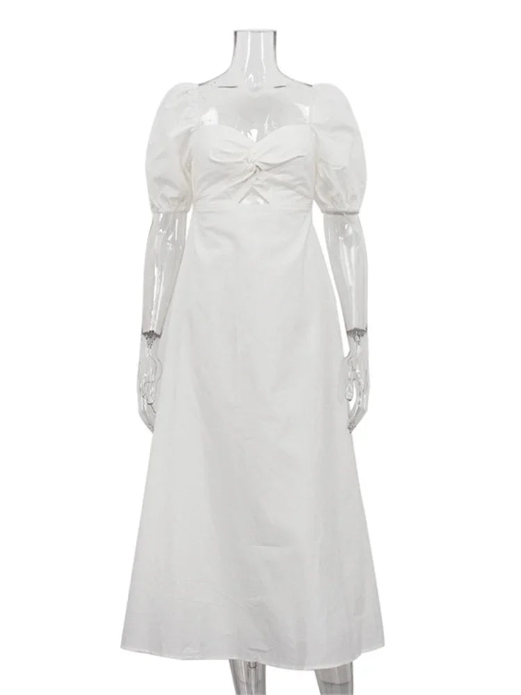 Square Neck Hollow Out White Long Dress For Women Twist Fashion Short Sleeve High Waist Autumn Party Dress Women’s Clothes