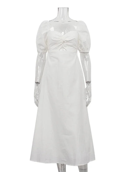 Square Neck Hollow Out White Long Dress For Women Twist Fashion Short Sleeve High Waist Autumn Party Dress Women’s Clothes