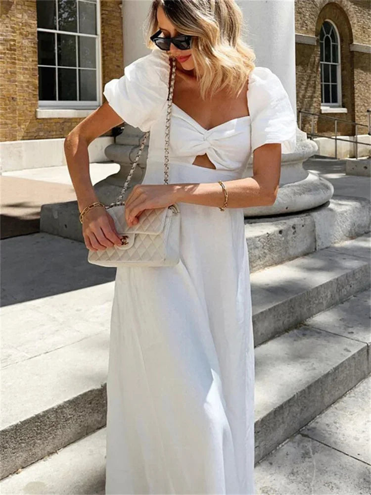 Square Neck Hollow Out White Long Dress For Women Twist Fashion Short Sleeve High Waist Autumn Party Dress Women’s Clothes
