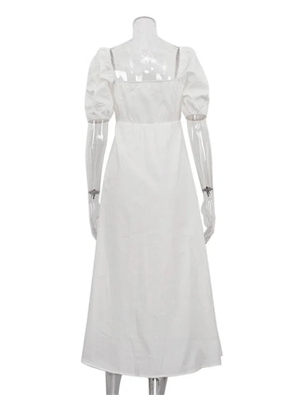 Square Neck Hollow Out White Long Dress For Women Twist Fashion Short Sleeve High Waist Autumn Party Dress Women’s Clothes
