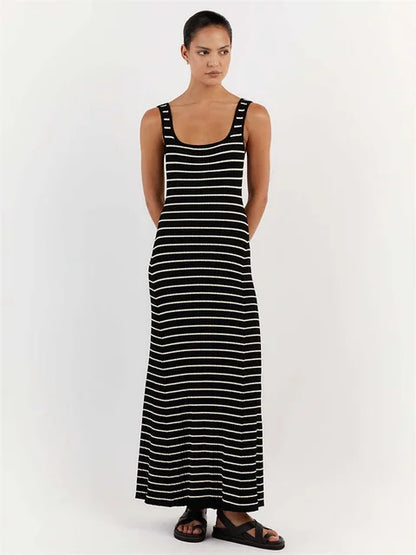 Vestido largo de punto a rayas sin espalda para mujer, cuello redondo, sin mangas, ajustado, elegante, para fiesta, espagueti, para vacaciones y playa