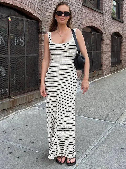 Vestido largo de punto a rayas sin espalda para mujer, cuello redondo, sin mangas, ajustado, elegante, para fiesta, espagueti, para vacaciones y playa