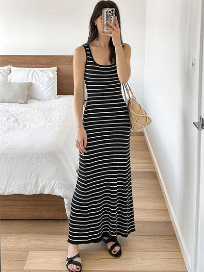 Vestido largo de punto a rayas sin espalda para mujer, cuello redondo, sin mangas, ajustado, elegante, para fiesta, espagueti, para vacaciones y playa