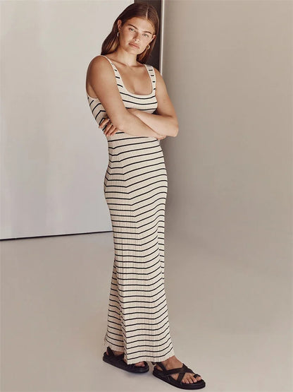 Vestido largo de punto a rayas sin espalda para mujer, cuello redondo, sin mangas, ajustado, elegante, para fiesta, espagueti, para vacaciones y playa
