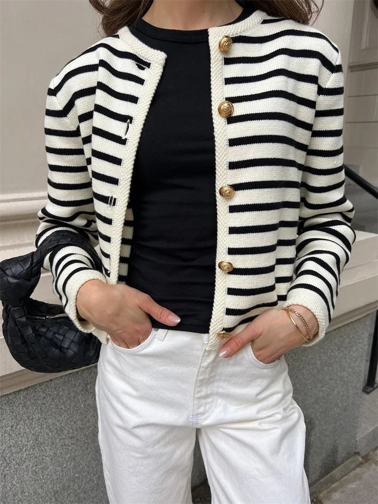 Suéter de punto a rayas, cárdigan, abrigo para mujer, suelto, de manga larga, a la moda, ajustado, con parches en contraste, prendas de vestir exteriores, abrigo de punto de verano