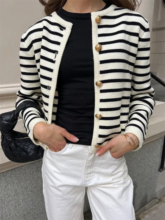 Suéter de punto a rayas, cárdigan, abrigo para mujer, suelto, de manga larga, a la moda, ajustado, con parches en contraste, prendas de vestir exteriores, abrigo de punto de verano