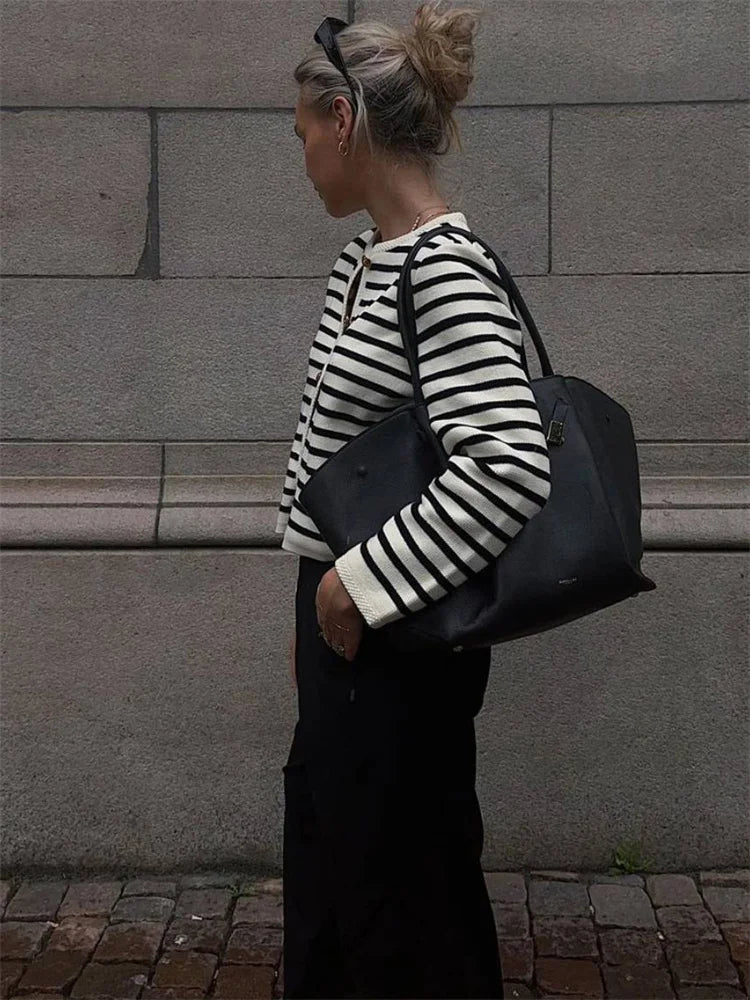 Suéter de punto a rayas, cárdigan, abrigo para mujer, suelto, de manga larga, a la moda, ajustado, con parches en contraste, prendas de vestir exteriores, abrigo de punto de verano