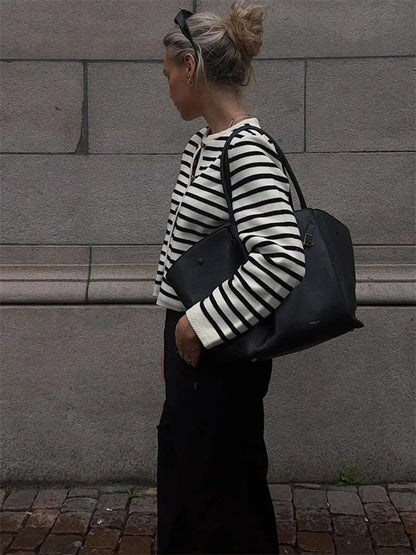 Suéter de punto a rayas, cárdigan, abrigo para mujer, suelto, de manga larga, a la moda, ajustado, con parches en contraste, prendas de vestir exteriores, abrigo de punto de verano
