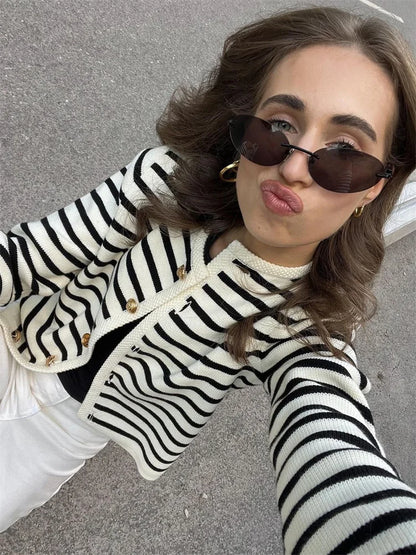 Suéter de punto a rayas, cárdigan, abrigo para mujer, suelto, de manga larga, a la moda, ajustado, con parches en contraste, prendas de vestir exteriores, abrigo de punto de verano