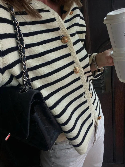Suéter de punto a rayas, cárdigan, abrigo para mujer, suelto, de manga larga, a la moda, ajustado, con parches en contraste, prendas de vestir exteriores, abrigo de punto de verano
