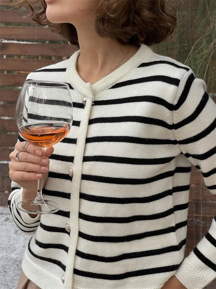 Suéter de punto a rayas, cárdigan, abrigo para mujer, suelto, de manga larga, a la moda, ajustado, con parches en contraste, prendas de vestir exteriores, abrigo de punto de verano