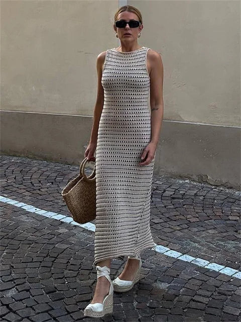 Vestido largo transparente a rayas para mujer, elegante, sin mangas, de cintura alta, con retazos, de moda, para playa, de punto, maxivestido de verano