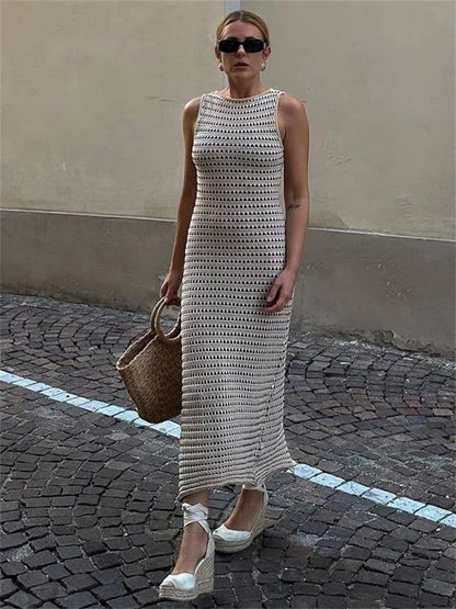 Vestido largo transparente a rayas para mujer, elegante, sin mangas, de cintura alta, con retazos, de moda, para playa, de punto, maxivestido de verano