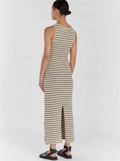 Vestido largo transparente a rayas para mujer, elegante, sin mangas, de cintura alta, con retazos, de moda, para playa, de punto, maxivestido de verano