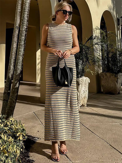 Vestido largo transparente a rayas para mujer, elegante, sin mangas, de cintura alta, con retazos, de moda, para playa, de punto, maxivestido de verano