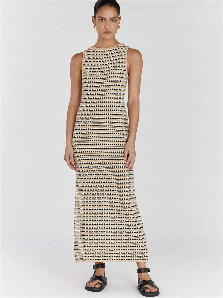 Vestido largo transparente a rayas para mujer, elegante, sin mangas, de cintura alta, con retazos, de moda, para playa, de punto, maxivestido de verano