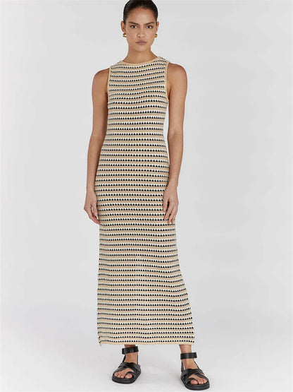 Vestido largo transparente a rayas para mujer, elegante, sin mangas, de cintura alta, con retazos, de moda, para playa, de punto, maxivestido de verano