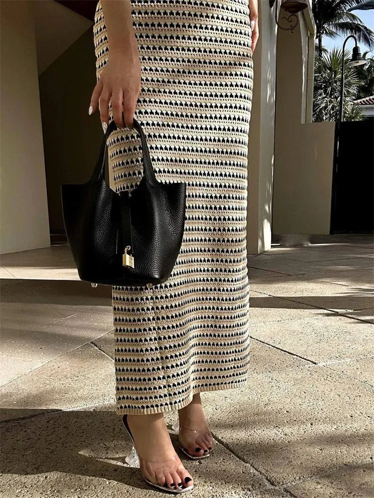 Vestido largo transparente a rayas para mujer, elegante, sin mangas, de cintura alta, con retazos, de moda, para playa, de punto, maxivestido de verano
