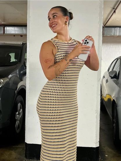 Vestido largo transparente a rayas para mujer, elegante, sin mangas, de cintura alta, con retazos, de moda, para playa, de punto, maxivestido de verano