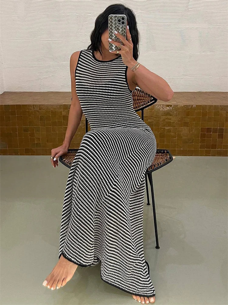 Striped Sleeveless Slim Maxi Dress Female Hollow Out Patchwork Casual Boho Holiday Beach Dress Women’s High Waist Dress