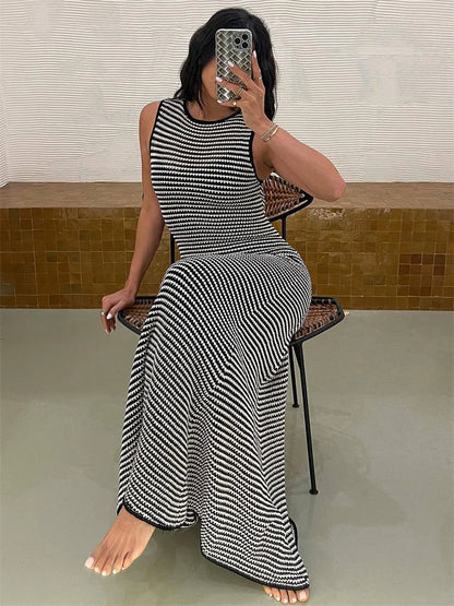Striped Sleeveless Slim Maxi Dress Female Hollow Out Patchwork Casual Boho Holiday Beach Dress Women’s High Waist Dress