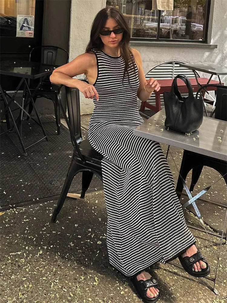 Striped Sleeveless Slim Maxi Dress Female Hollow Out Patchwork Casual Boho Holiday Beach Dress Women’s High Waist Dress