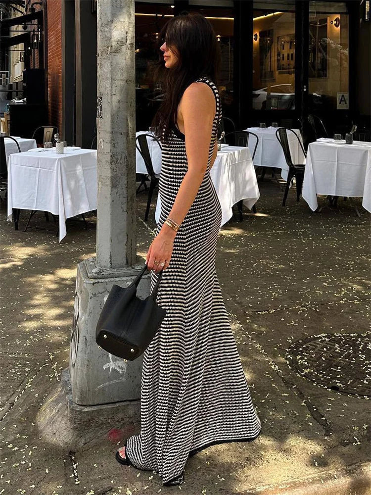 Striped Sleeveless Slim Maxi Dress Female Hollow Out Patchwork Casual Boho Holiday Beach Dress Women’s High Waist Dress