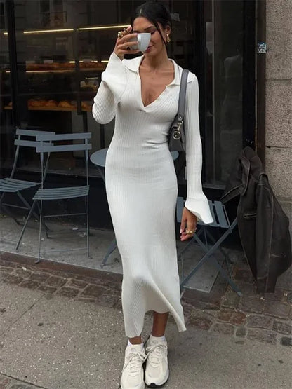 Striped V-Neck Knit Maxi Dress For Women Ribbed Patchwork Slim Long Sleeve Elegant Party Dress Loose Knitwear Long Dress