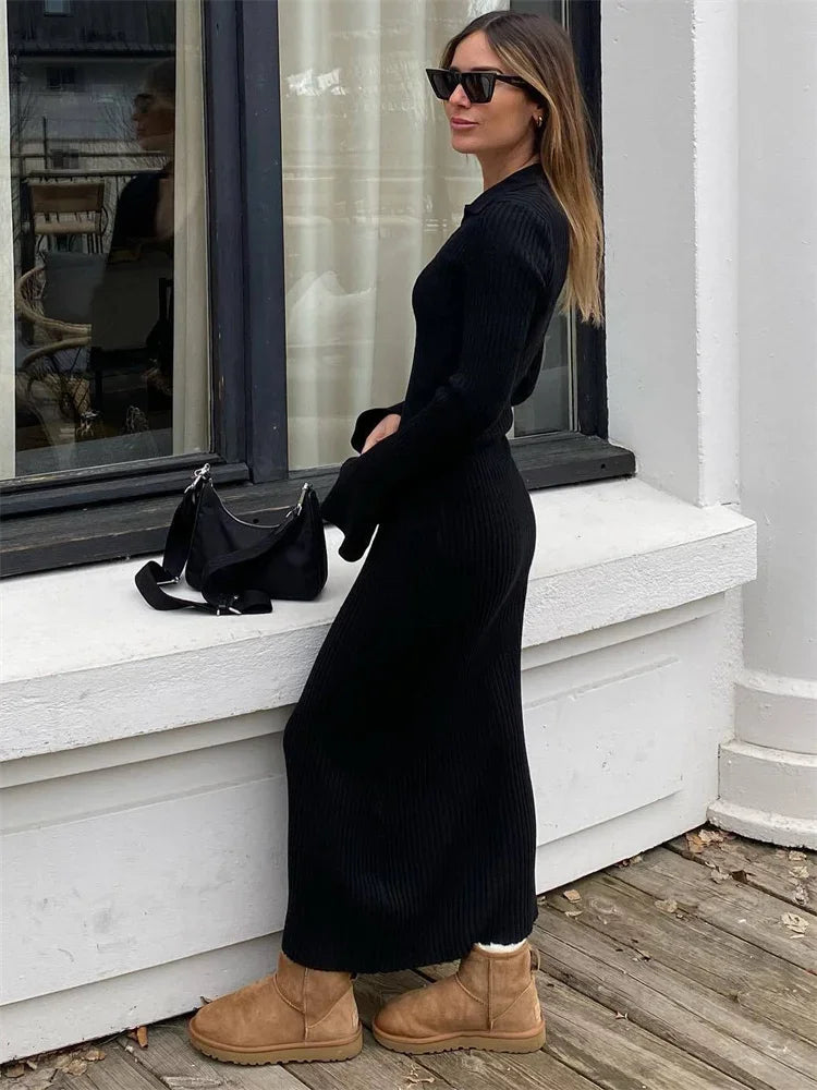 Striped V-Neck Knit Maxi Dress For Women Ribbed Patchwork Slim Long Sleeve Elegant Party Dress Loose Knitwear Long Dress