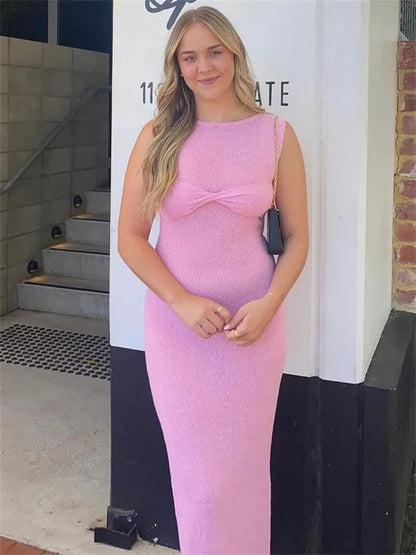 Vestido largo playero de punto para mujer, vestido veraniego rosa sin mangas, vestido veraniego de punto transparente, vestido maxi ajustado, nuevo