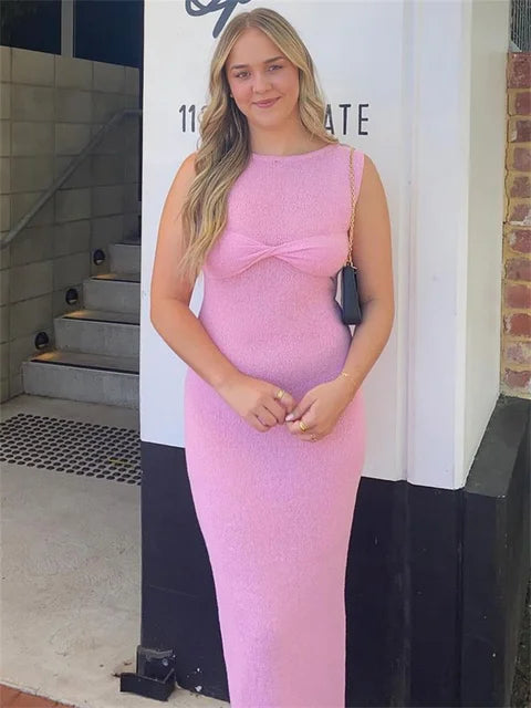 Vestido largo playero de punto para mujer, vestido veraniego rosa sin mangas, vestido veraniego de punto transparente, vestido maxi ajustado, nuevo