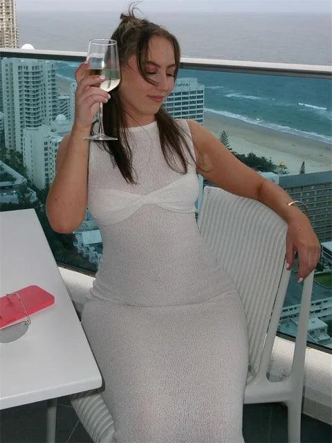 Vestido largo playero de punto para mujer, vestido veraniego rosa sin mangas, vestido veraniego de punto transparente, vestido maxi ajustado, nuevo