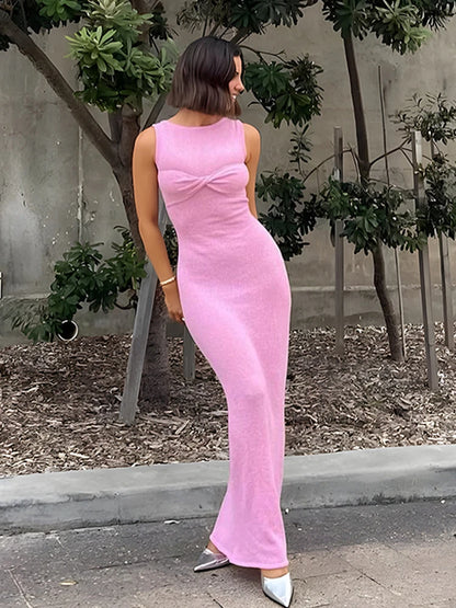 Vestido largo playero de punto para mujer, vestido veraniego rosa sin mangas, vestido veraniego de punto transparente, vestido maxi ajustado, nuevo